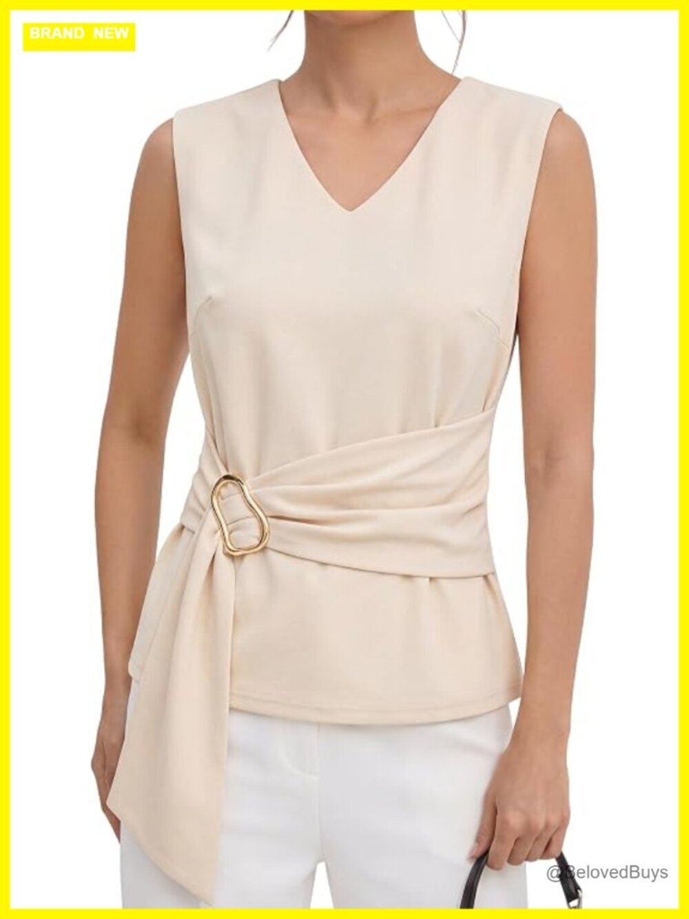 Buckle V Neck Sleeveless Work Tunic Blouse with Gold Buckle Ring